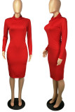 Red Casual Solid Patchwork Turtleneck Pencil Skirt Dresses