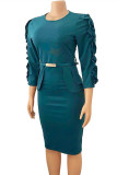 Deep Blue Fashion Casual Solid Split Joint With Belt O Neck Dresses