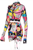 Colour Fashion Casual Print Bandage Draw String Long Sleeve Three-piece Set