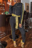 Black Street Print Patchwork With Belt Zipper Collar Regular Jumpsuits
