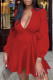 Red Casual Sweet Solid Bandage Patchwork Flounce V Neck A Line Dresses
