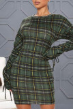 Olive Green Sexy Plaid Print Split Joint Frenulum Fold O Neck One Step Skirt Dresses