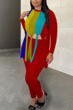 Red Casual Print Patchwork Asymmetrical Long Sleeve Two Pieces
