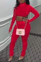 Red Sexy Solid Split Joint Turtleneck Long Sleeve Two Pieces