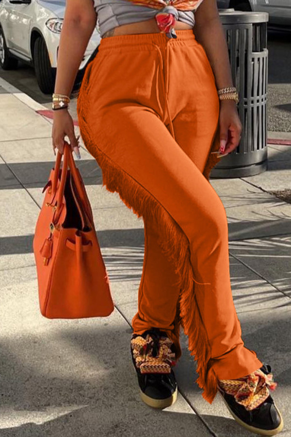 Orange Fashion Casual Solid Tassel Patchwork Regular High Waist Trousers