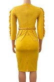 Yellow Fashion Casual Solid Split Joint With Belt O Neck Dresses