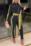 Black Street Print Patchwork With Belt Zipper Collar Regular Jumpsuits