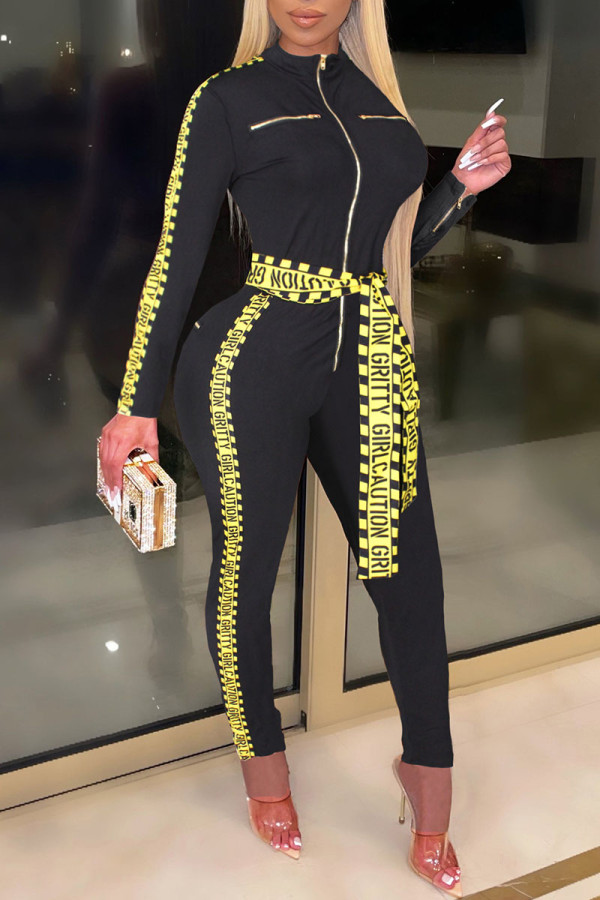 Black Street Print Patchwork With Belt Zipper Collar Regular Jumpsuits
