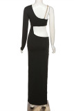 Black Sexy Patchwork Solid Hollowed Out Slit Oblique Collar Long Sleeve Dresses