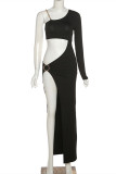 Black Sexy Patchwork Solid Hollowed Out Slit Oblique Collar Long Sleeve Dresses