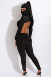 Black Fashion Casual Solid Backless Hooded Collar Skinny Jumpsuits