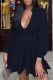 Black Casual Sweet Solid Bandage Patchwork Flounce V Neck A Line Dresses