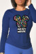 Navy Blue Street basis Print Patchwork O Neck Tops
