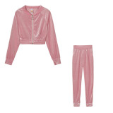 Pink Fashion Casual Solid Basic Zipper Collar Long Sleeve Two Pieces