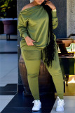 Army Green Fashion Casual Solid Basic Oblique Collar Long Sleeve Two Pieces