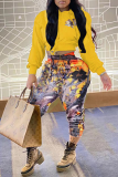 Yellow Casual Print Patchwork Hooded Collar Long Sleeve Two Pieces