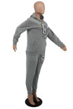 Light Gray Fashion Casual Print Basic Hooded Collar Long Sleeve Two Pieces