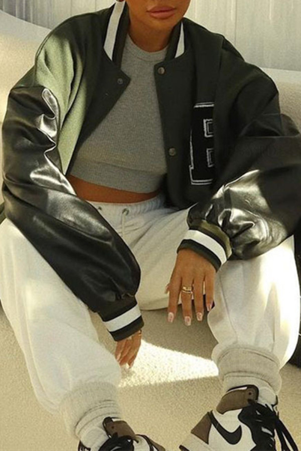 Army Green Fashion Casual Patchwork Letter Outerwear
