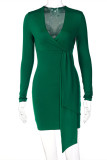 Dark Green Fashion Sexy Solid Patchwork V Neck Long Sleeve Dresses
