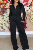 Black Fashion Casual Solid Basic V Neck Regular Jumpsuits
