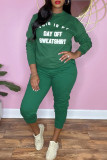 Green Fashion Casual Letter Print Basic O Neck Long Sleeve Two Pieces