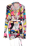 Colour Fashion Casual Print Bandage Draw String Long Sleeve Three-piece Set