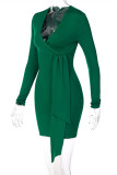 Dark Green Fashion Sexy Solid Patchwork V Neck Long Sleeve Dresses
