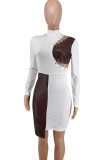 White Fashion Sexy Patchwork Hollowed Out Asymmetrical O Neck Long Sleeve Dresses