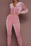 Pink Fashion Casual Solid Basic Zipper Collar Long Sleeve Two Pieces