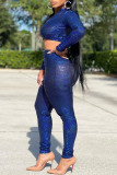 Blue Fashion Patchwork Sequins Zipper Collar Long Sleeve Two Pieces