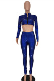Blue Fashion Patchwork Sequins Zipper Collar Long Sleeve Two Pieces
