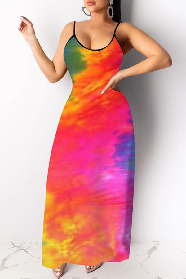 Colour Fashion Sexy Print Backless Spaghetti Strap Long Dress