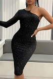 Black Fashion Sexy Solid Hollowed Out Backless Oblique Collar Long Sleeve Dresses