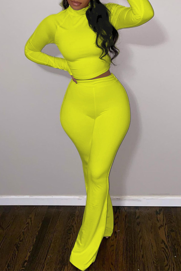 Yellow Fashion Casual Solid Basic Half A Turtleneck Long Sleeve Two Pieces