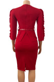 Burgundy Fashion Casual Solid Split Joint With Belt O Neck Dresses