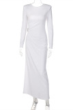 White Fashion Sexy Solid Backless Slit O Neck Long Sleeve Dresses