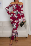 Red Casual Print Patchwork Off the Shoulder Regular Jumpsuits