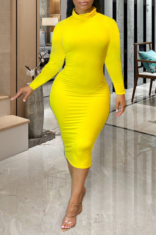 Yellow Casual Solid Patchwork Turtleneck Pencil Skirt Dresses
