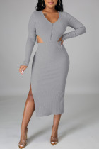 Grey Sexy Solid Hollowed Out Split Joint Slit Zipper V Neck Long Sleeve Two Pieces
