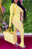 Yellow Casual Print Patchwork O Neck Long Sleeve Two Pieces