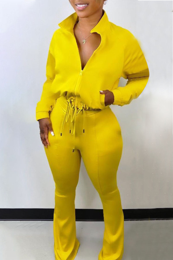 Yellow Casual Solid Patchwork Draw String Zipper Zipper Collar Long Sleeve Two Pieces