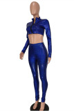 Blue Fashion Patchwork Sequins Zipper Collar Long Sleeve Two Pieces