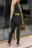 Black Street Print Patchwork With Belt Zipper Collar Regular Jumpsuits