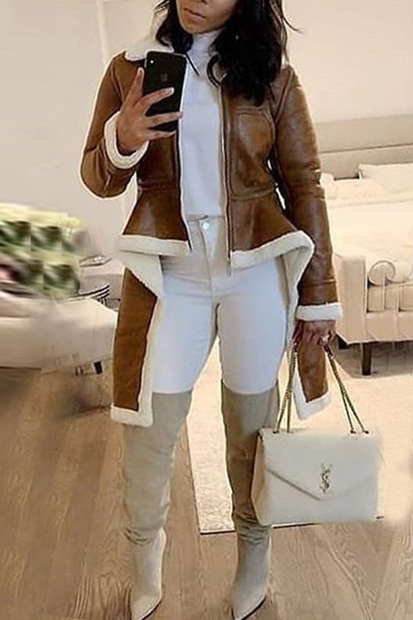 Brown Casual Solid Patchwork Half A Turtleneck Outerwear