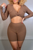 Camel Fashion Casual Solid Basic V Neck Long Sleeve Two Pieces