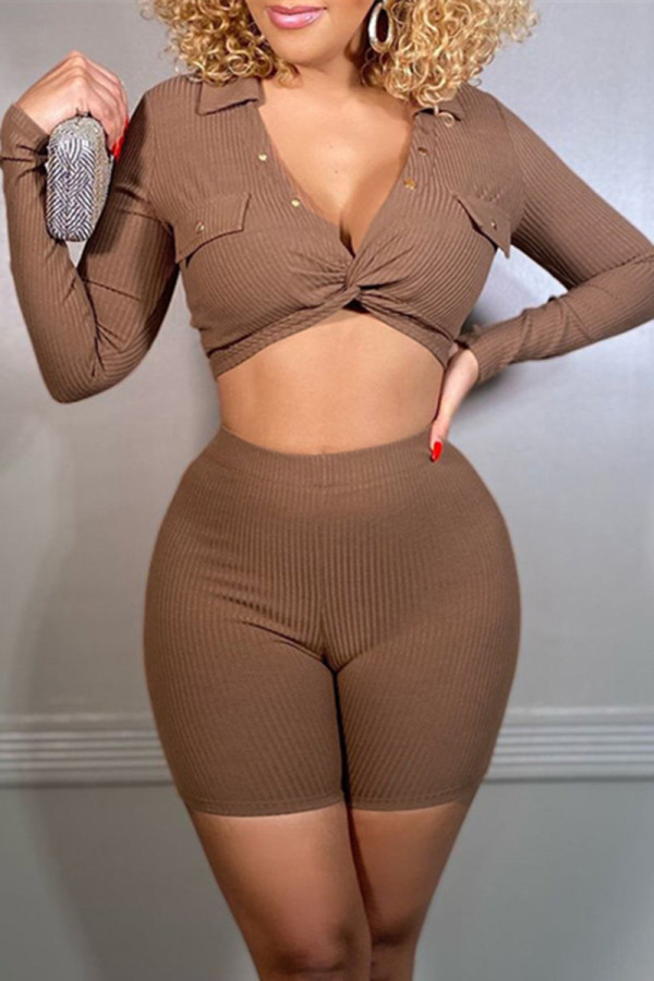 Camel Fashion Casual Solid Basic V Neck Long Sleeve Two Pieces