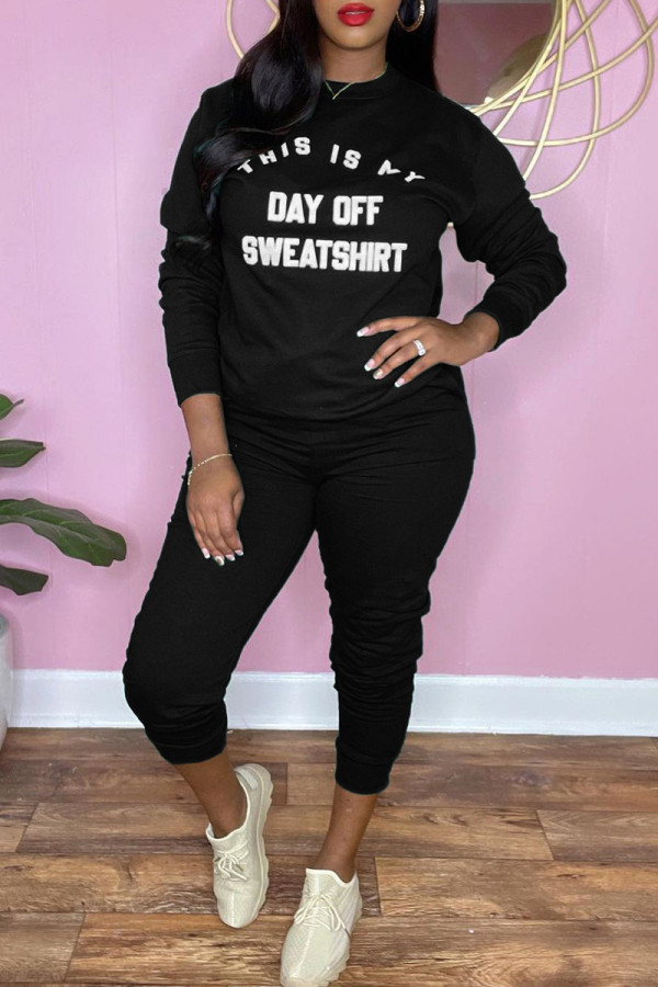 Black Fashion Casual Letter Print Basic O Neck Long Sleeve Two Pieces