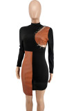 Black Fashion Sexy Patchwork Hollowed Out Asymmetrical O Neck Long Sleeve Dresses