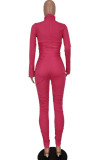 Rose Red Sexy Solid Patchwork Fold Turtleneck Regular Jumpsuits