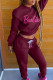 Burgundy Casual Print Split Joint O Neck Long Sleeve Two Pieces